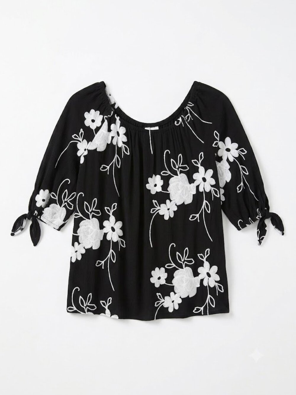 Embroidered Black Floral Peasant Blouse